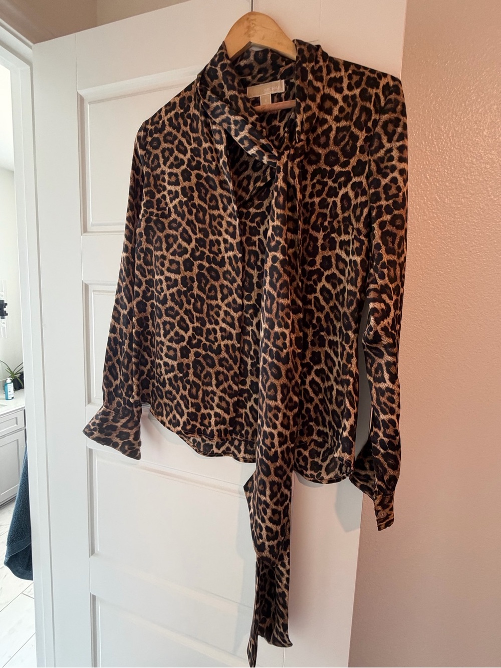 MICHAEL Michael Kors Leopard Tie-Neck Blouse in Brown and Black